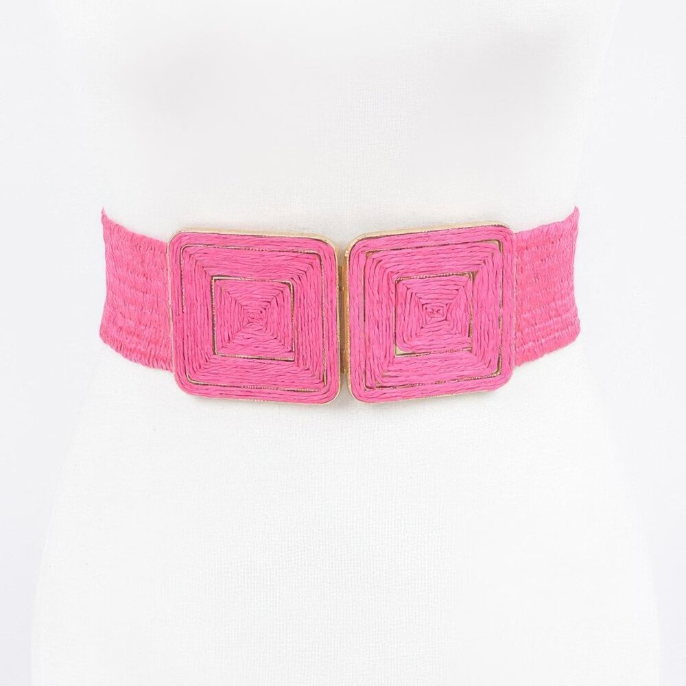 Faux Straw Two Buckle Elastic Belt